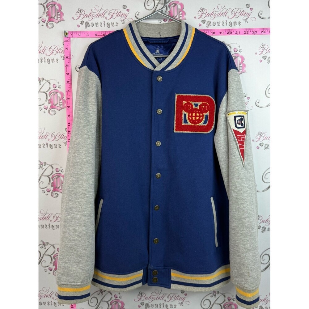 Disney jacket coat patches Navy & Gray Varsity Bomber Jacket with Yellow Trim